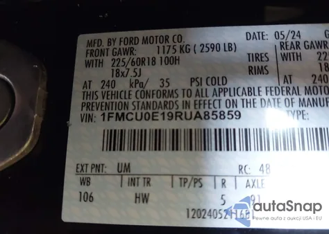 2024 Ford Escape Phev z USA, uszkodzony, nr VIN 1FMCU0E19RUA85859